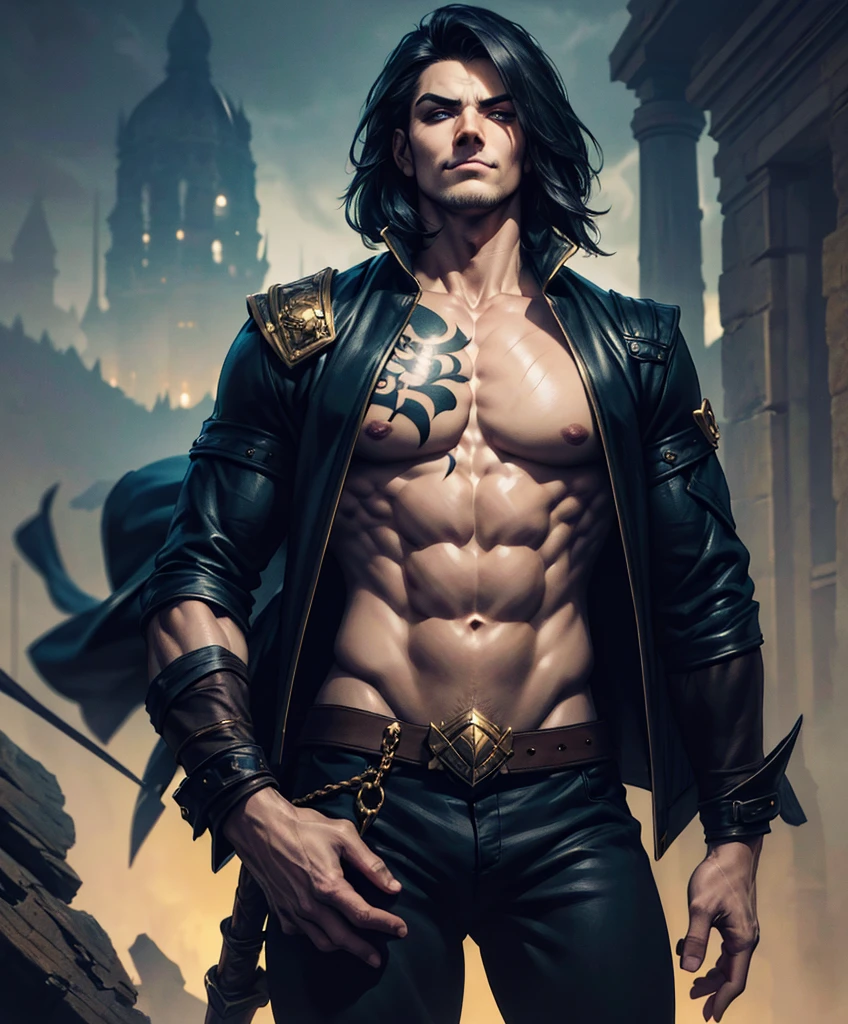 (((Luxurious shoulder length black hair and sexy smirk.))) (((18 years old.))) (((18yo.))) (((Cute smirk.))) (((Single character image.))) (((1boy))) (((Looks like a sexy male swashbuckler for a fantasy setting.))) (((Looks like a sexy character from a fairy tale.))) He has strong Italian features. Create an enchanting AI-generated image of a charismatic and irresistibly attractive man in a high fantasy realm. He should exude rugged, dashing charm that captures the attention of every onlooker, particularly the adoring gazes of countless women. This character must embody thrilling and exciting qualities, but his arrogance should be evident in his posture and expression.  Fantasy art.  Fantasy character.  He is expressive and has a lot of personality.  Has the body of a male model and a perfect male physique.  (((He seems flirty, sexy and rough.)))(((Seductive like a sexy villain.))) (((Very sexy abs.)))(((Sexy tattoos.)))  (((He looks like a sexy male sorcerer who practices the dark arts.))) (((Dark and eerie background.))) 18 years old Hunk , looking at viewer, photorealistic, perfect face,  perfect face, beautiful big gym built, , open shirt, black pants, straight, 


 dungeons & dragons, fantasy adventurer, fantasy NPC, attractive male in his mid 20's, ultra detailed, epic masterpiece, ultra detailed, intricate details, digital art, unreal engine, 8k, ultra HD, centered image award winning, fantasy art concept, digital art, centered image, flirting with viewer, best quality:1.0,hyperealistic:1.0,photorealistic:1.0,madly detailed CG unity 8k wallpaper:1.0,masterpiece:1.3,madly detailed photo:1.2, hyper-realistic lifelike texture:1.4, picture-perfect:1.0,8k, HQ,best quality:1.0,

 best quality:1.0,hyperealistic:1.0,photorealistic:1.0,madly detailed CG unity 8k wallpaper:1.0,masterpiece:1.3,madly detailed photo:1.2, hyper-realistic lifelike texture:1.4, picture-perfect:1.0,8k, HQ,best quality:1.0,


