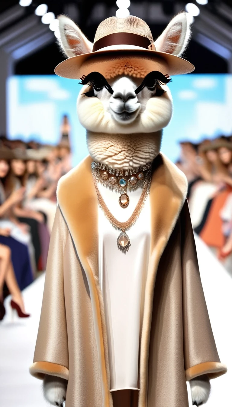 （Cute alpaca fashion show）,Alpaca is anthropomorphized with makeup，whole body，Fashion trends for summer 2024，Khaki，milky，Charming Alpaca，Enchanting Alpaca，Walking on a catwalk，Dynamic poses，Cool，Cute big eyes，necklace，hat，Fashion，Cartoon，in style of Cosplay fashion design , portrait，background：Fashion show catwalks