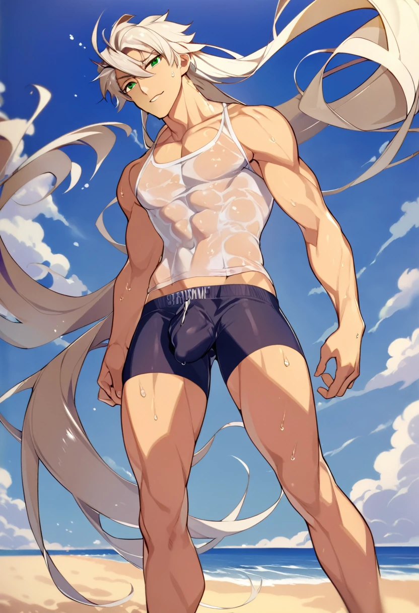 1boy, white long hair, white eyelashes, green eyes,fitness body,hair in the wind, satisfied expression, sexy, at the beach, wearing only Shorts, bulge on shorts, wet clothes