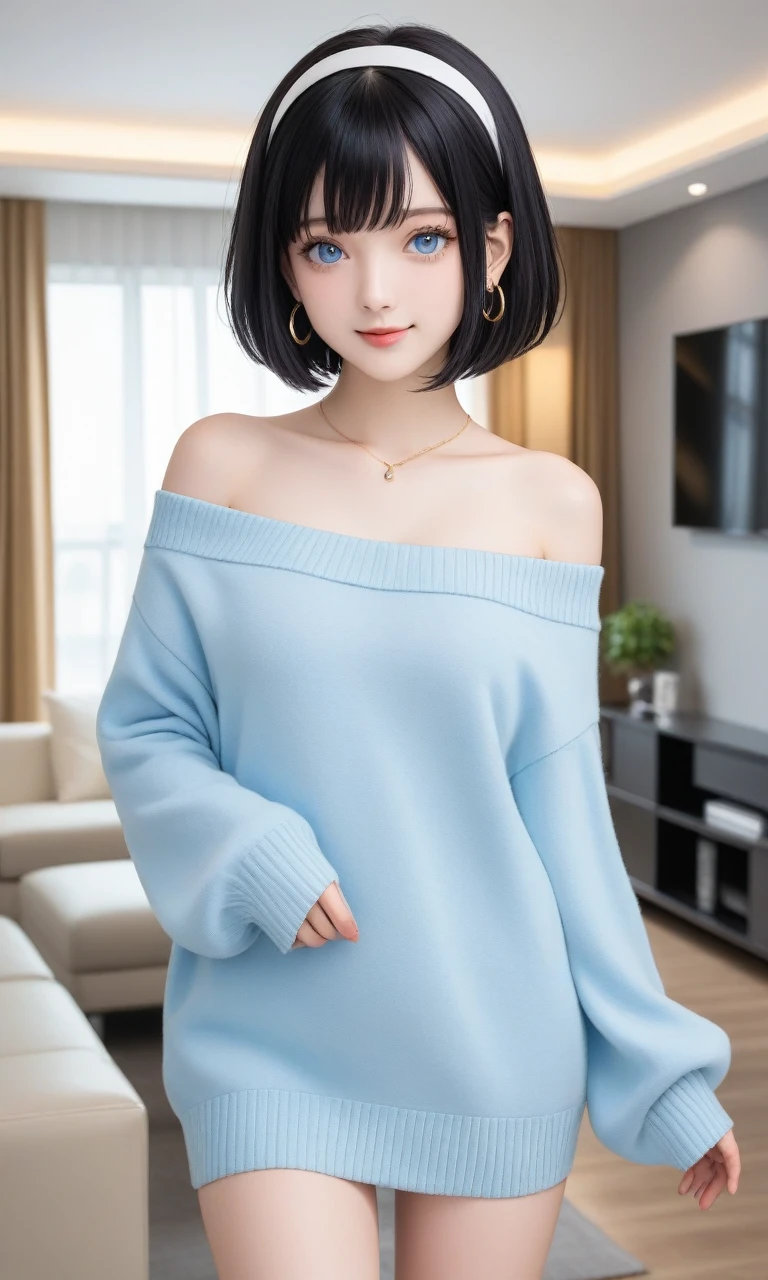 score_9, score_8_up, score_7_up, best quality, masterpiece,realistic, score_9, score_8_up, score_7_up, score_6_up, score_5_up, score_4_up, BREAK source_anime, 1girl, solo,ChopioYor, (black hair: 1.3), shiny hair, crystal hair, (pale blue eyes:1.3), gold earrings, looking at viewer, (medium hair: 1.2), (bob cut: 1.3), white hairband,medium , (thick thighs:0.6), outfit_2, bare shoulders, collarbone, red sweater, sweater dress, long sleeves, sleeves past wrists, off-shoulder sweater, black leggings,living room, smile, parted lips, standing, legs, sexy poã