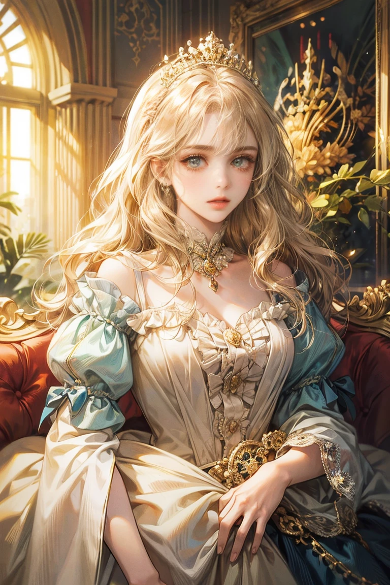 Woman with wavy hair, looking at the viewer, gold eyes, Princess, Royals, dress with bows and ruffles