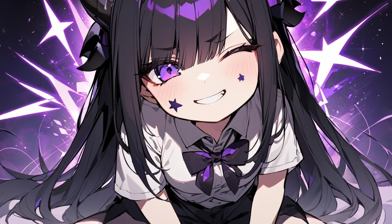 girl with long black hair with straight bangs, with hair cut at the ends. Two large strands in the front, one bigger than the other. A rebel thread. A small white streak in your bangs. Two demon horns, one purple and one black, both with a dark purple star. one black eye and one purple eye. A purple star on your right cheek. black wide pants. All star shoe. Full white shirt with a bow tie with a star in the middle, with short sleeves. a big chest . Grinning. She is a star demon. She is standing looking at the camera. In one of his eyes a star in the black eye case, in the black eye and just black. Sex girl. Sex girl. One black eye and one purple eye. She is sitting with a sleepy expression