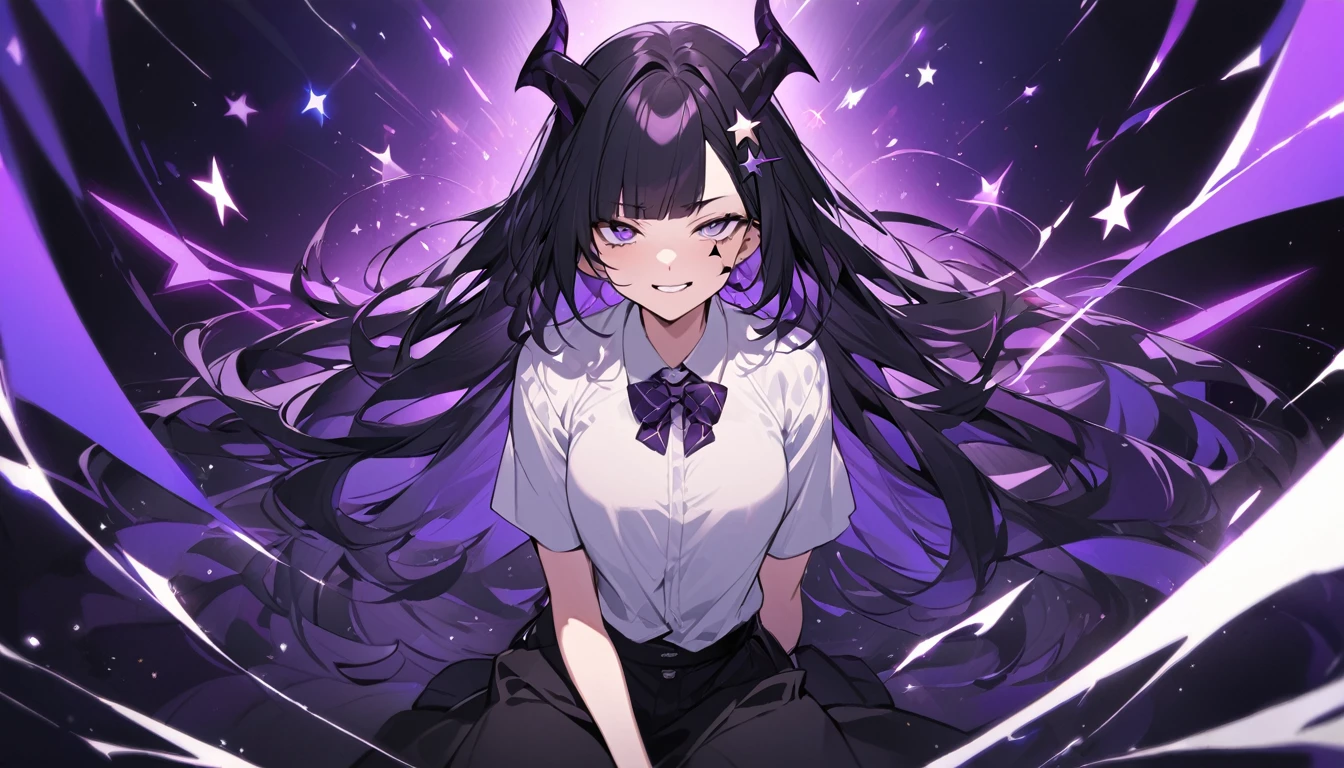 girl with long black hair with straight bangs, with hair cut at the ends. Two large strands in the front, one bigger than the other. A rebel thread. A small white streak in your bangs. Two demon horns, one purple and one black, both with a dark purple star. one black eye and one purple eye. A purple star on your right cheek. black wide pants. All star shoe. Full white shirt with a bow tie with a star in the middle, with short sleeves.  a big chest . Grinning. She is a star demon. She is standing looking at the camera. In one of his eyes a star in the black eye case, in the black eye and just black. Sex girl. Sex girl. One black eye and one purple eye. She is sitting with a sleepy expression 