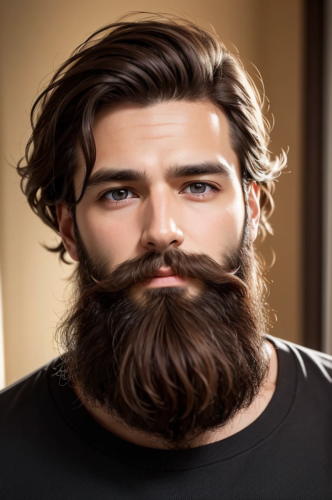 medium beard ,ear a little prominent , brown hair shaved on the muscular side