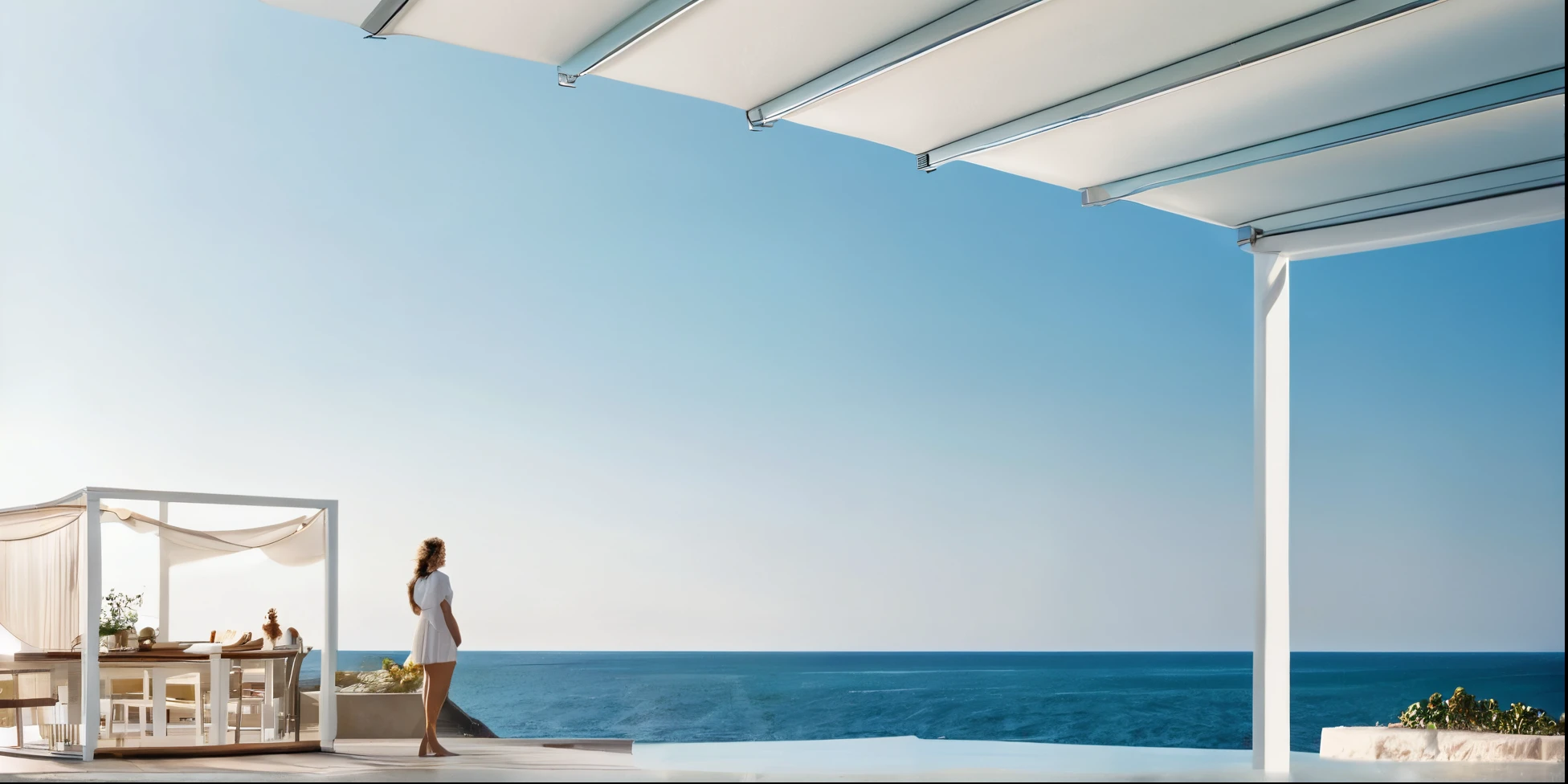 there is a woman standing on a deck Overlooking the sea, Awnings, Canopies, looking at the ocean, Next to it is the reflected ocean, Overlooking the sea, In the seaside environment, Award-winning shadows, The award-winning&quot;, Close to the sea, Award-winning masterpiece, Sea view, Looking to the horizon, looking at the ocean