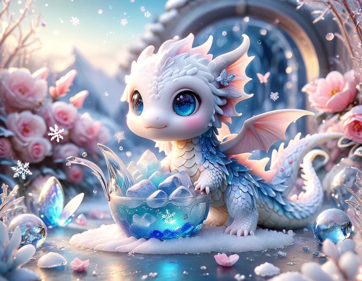 Ultra detailed, HDR, Highres, absurdres, master piece, white dragon, expressive blue eyes, small dragon, glass, ice glittering butterflies, ice, petals, pink ice glass flowers, cute, glittering, water, fantasy, magical, snowflakes, cold, glass