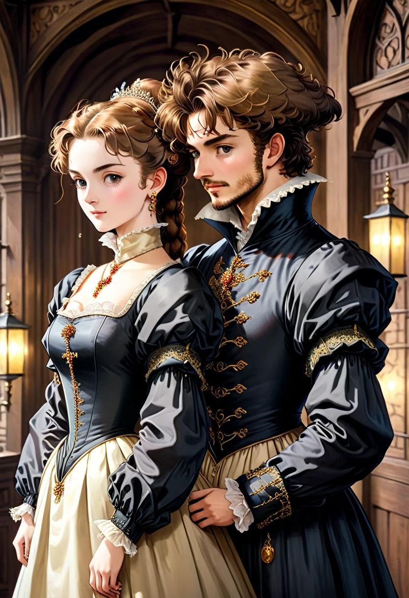 Masterpieces visually(8K)(High Resolution, Ultra Detailed), Showing a very late 1500s Elizabethan Enbglish Handsome young upper middle class couple male and female in classic period Elizabethan fashions clothings attires dress animated kinda anime style incredibly very detailwd very Elizabethan englis setting envirinments