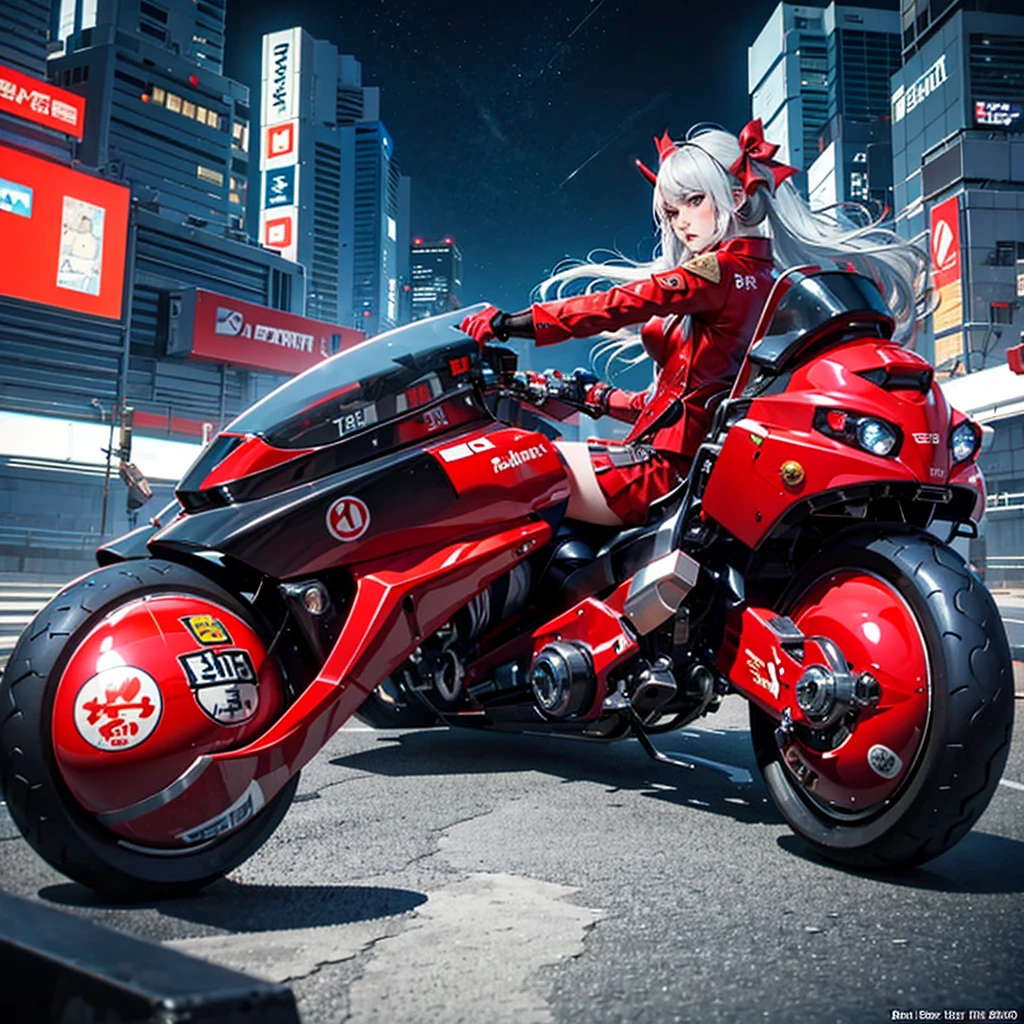 official art, unity 8k wallpaper, ultra detailed, beautiful and aesthetic, masterpiece, best quality, realistic, horns, blush, long hair, white hair, streaked hair, red eyes, hair bow, mole under eye, red akirabike, riding bike, night, cyberpunk city view, epic screen, ,
