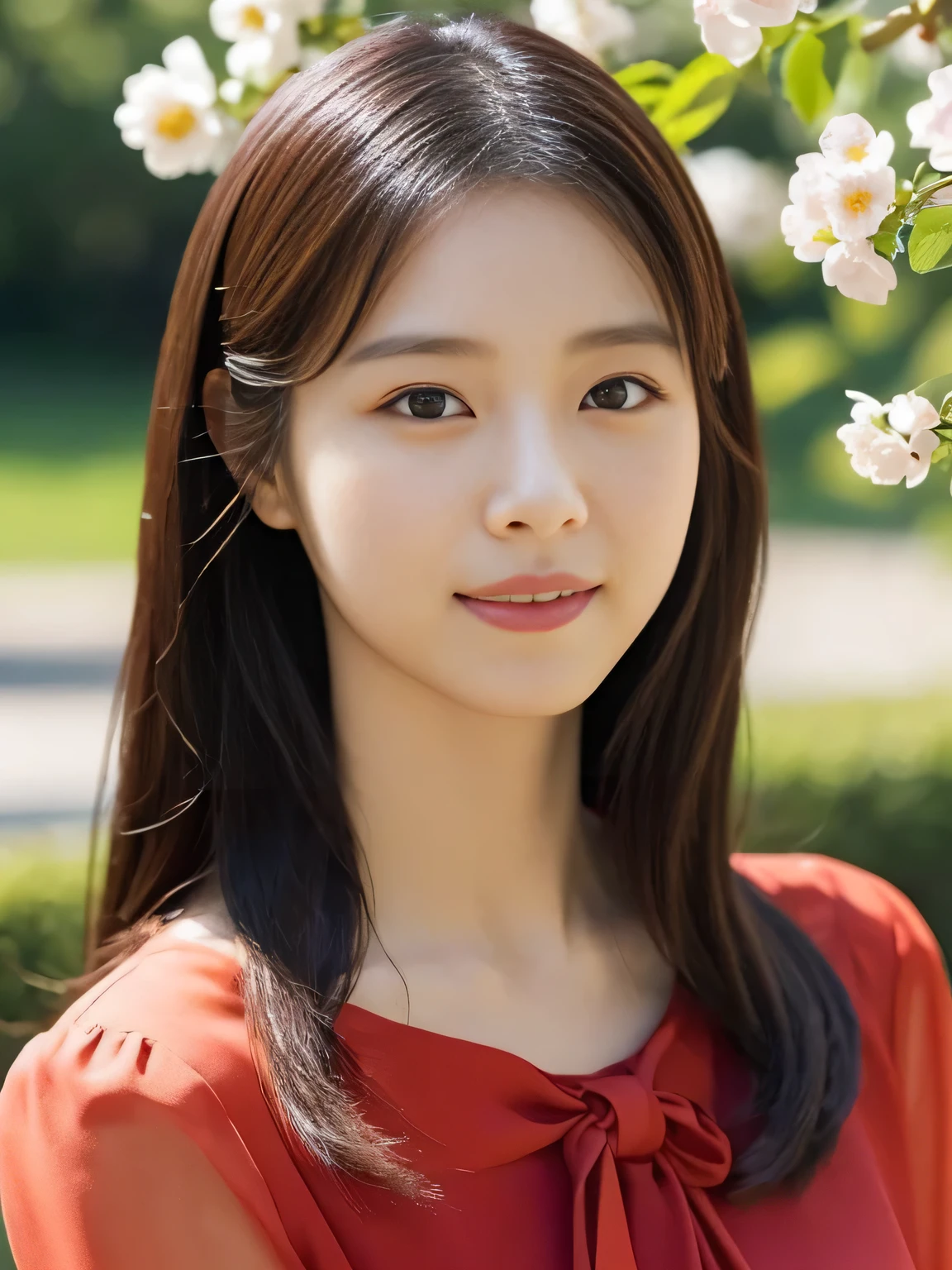 1 Girl, (Wearing a red blouse:1.2), Beautiful Japanese actresses, (RAW Photos, Highest quality), (Realistic, Photorealistic:1.4), masterpiece, Very delicate and beautiful, Very detailed, 2k wallpaper, wonderful, finely, Very detailed CG Unity 8K 壁紙, Very detailedな, High resolution, Soft Light, Beautiful detailed girl, Very detailed目と顔, Beautiful and detailed nose, Beautiful and detailed, Cinema Lighting, BREAK, (1 with a park full of vibrant flowers in the background.3), Spring sunlight, Perfect Anatomy, Slender body, smile, Face the front completely, (Looking at the camera), West Shot, Accentuate larger breasts, Bodies facing random directions,