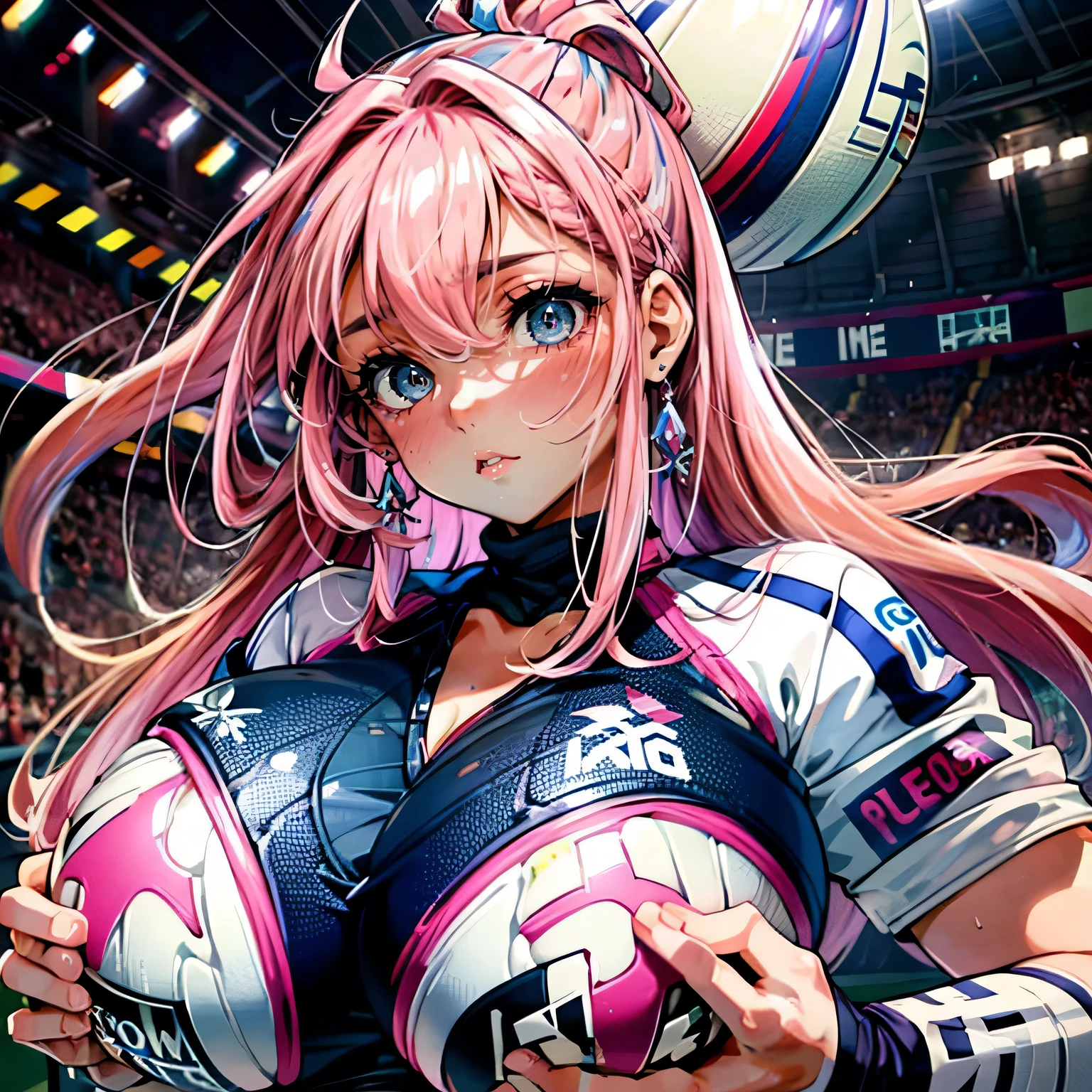 The most beautiful and sexy rugby player girls, Pink Hair, blue eyes, Wearing a highly detailed and sexy rugby uniform, Huge Huge , I can see her cleavage, Have a rugby ball, Highly detailed background, A perfect masterpiece, high quality, High resolution