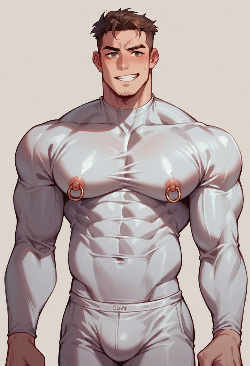 Male athlete，big white skin ，Handsome guy，Wearing tight transparent，Sunny and lively，youthful feeling，wearing  rings