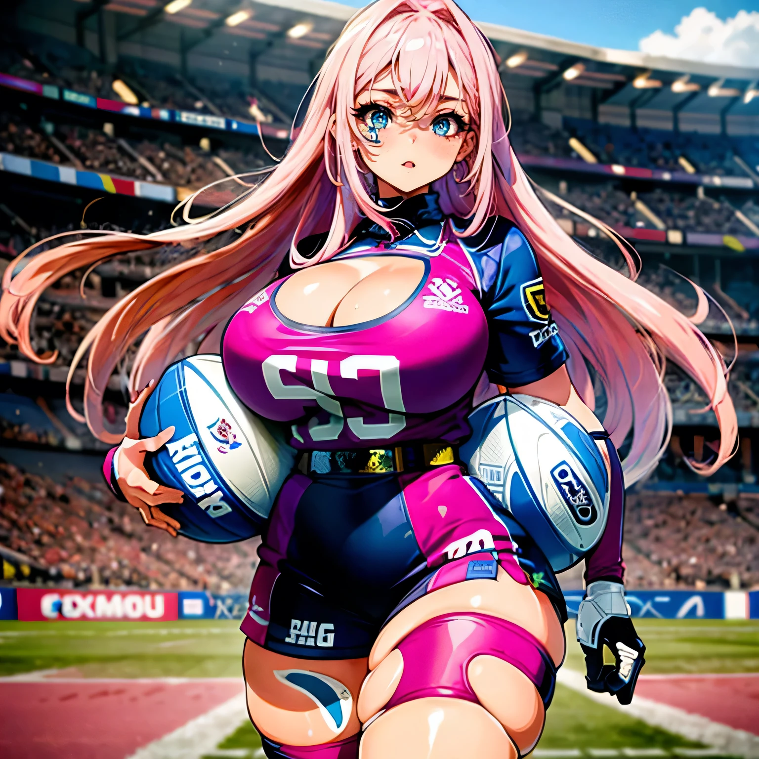 The most beautiful and sexy rugby player girls, Pink Hair, blue eyes, Wearing a highly detailed and sexy rugby uniform, Huge Huge , I can see her cleavage, Have a rugby ball, Highly detailed background, A perfect masterpiece, high quality, High resolution