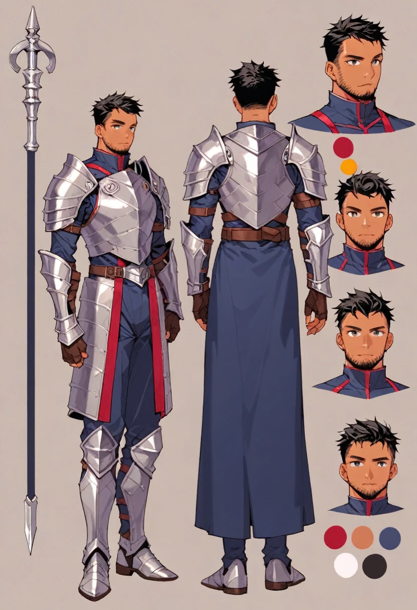 score_9, score_8_up, score_7_up, score_6_up, score_5_up, score_4_up, BREAK source_anime, 1girl, mid 20 ish, male, tan skinned, short black hair, black facial hair, silver knight armor, full body, Creative design, full body, Reference sheet, Character sheet