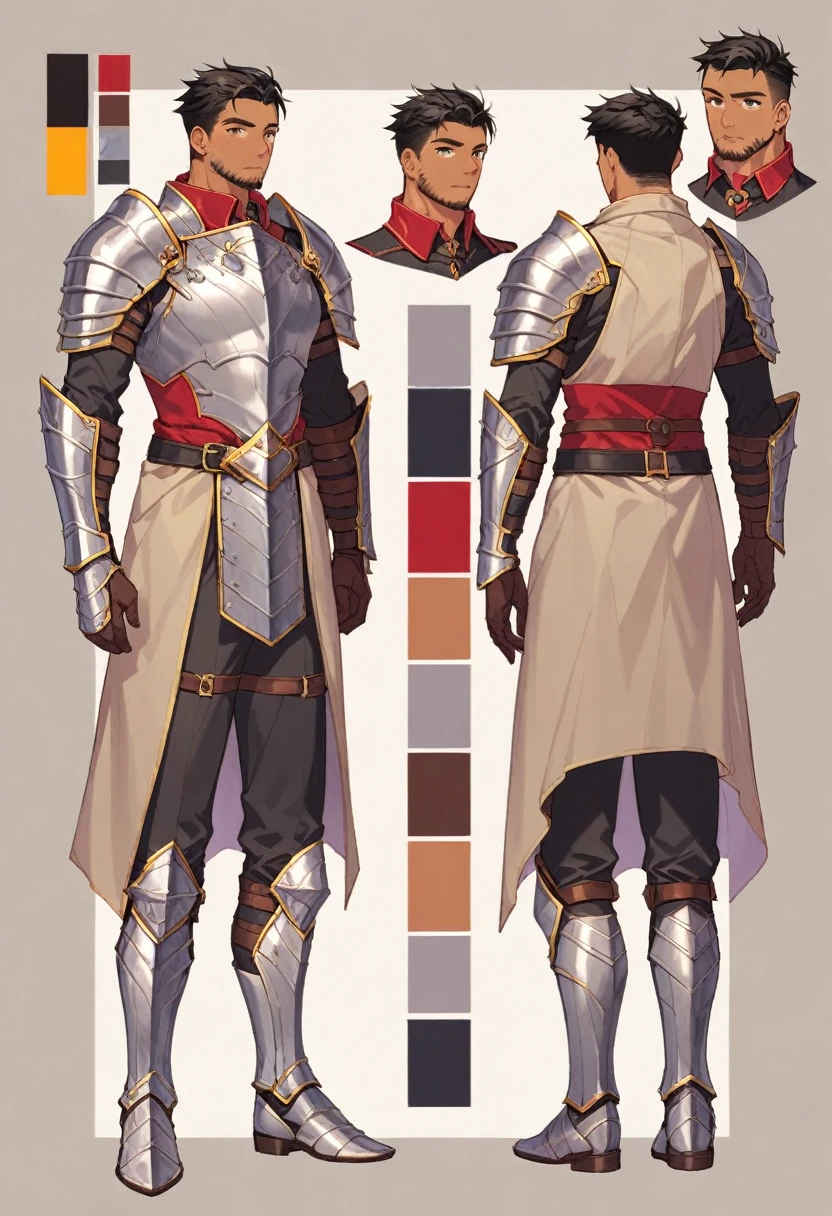 score_9, score_8_up, score_7_up, score_6_up, score_5_up, score_4_up, BREAK source_anime, 1girl, mid 20 ish, male, tan skinned, short black hair, black facial hair, silver knight armor, full body, Creative design, full body, Reference sheet, Character sheet
