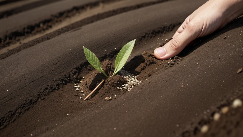 "Planting the Seed":
Hand gently placing seed into rich, dark soil, water droplet falling onto soil, extreme close-up, earthy colors, sense of new beginnings