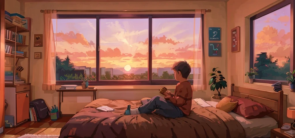 bedroom, sunset, Lofi vibe, snacks & clothes, boy
