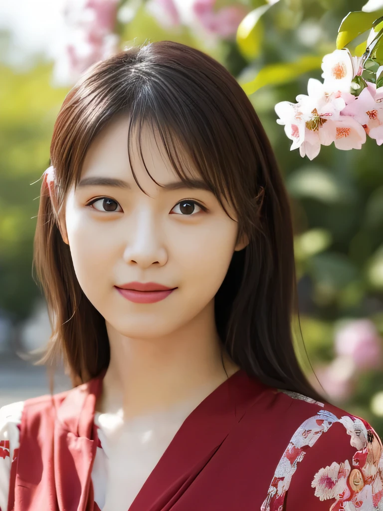1 Girl, (Wearing a red blouse:1.2), Beautiful Japanese actresses, (RAW Photos, Highest quality), (Realistic, Photorealistic:1.4), masterpiece, Very delicate and beautiful, Very detailed, 2k wallpaper, wonderful, finely, Very detailed CG Unity 8K 壁紙, Very detailedな, High resolution, Soft Light, Beautiful detailed girl, Very detailed目と顔, Beautiful and detailed nose, Beautiful and detailed, Cinema Lighting, BREAK, (1 with a park full of vibrant flowers in the background.3), Spring sunlight, Perfect Anatomy, Slender body, smile, Face the front completely, (Looking at the camera), West Shot, Accentuate larger breasts, Bodies facing random directions,