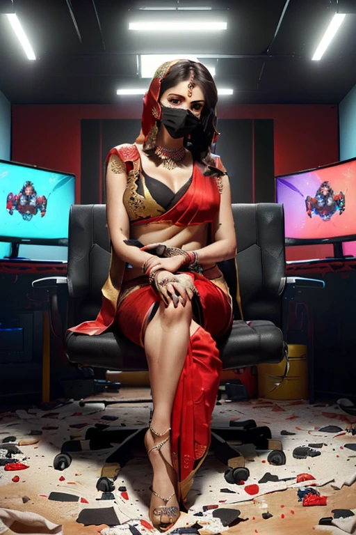 ((best quality)), ((masterpiece)), (detailed),The Portrait of Indian women with ((((black face mask )))sitting on a gaming chair with both the hand on gaming laptop(((hands on laptop in gaming studio, without any tilt , sitting straight , wearing full traditional red saree (((cover full body )))in gaming room . Detailed and symmetrical face with detailed messy hairs and big chest. The room is full of RGB light and a tv on a back wall. The model is looking straight towards camera , sitting in centre position(((sitting straight towards camera no tilt with straight head ))) with Crossed legs , wide image . Centred , Hyper resolution and natural skin texture 8K