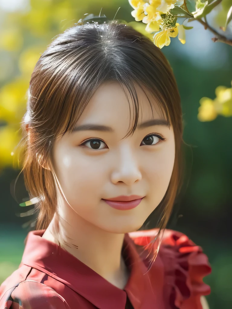 1 Girl, (Wearing a red blouse:1.2), Beautiful Japanese actresses, (RAW Photos, Highest quality), (Realistic, Photorealistic:1.4), masterpiece, Very delicate and beautiful, Very detailed, 2k wallpaper, wonderful, finely, Very detailed CG Unity 8K 壁紙, Very detailedな, High resolution, Soft Light, Beautiful detailed girl, Very detailed目と顔, Beautiful and detailed nose, Beautiful and detailed, Cinema Lighting, BREAK, (1 with a park full of vibrant flowers in the background.3), Spring sunlight, Perfect Anatomy, Slender body, smile, Face the front completely, (Looking at the camera), West Shot, Accentuate larger breasts, Bodies facing random directions,