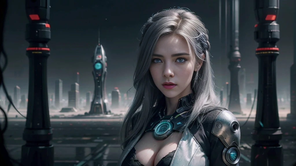 masterpiece,best quality,high resolution,8K,(Portraits:1.5),(R Original Photo),The real situation,Digital Photography,(A fusion of cyberpunk and fantasy),(Policewoman),White women，Feel free to hairstyle,hair，blue eyes，By Bangs,(Large Breasts, Accessories,shut your mouth,Elegant and charming,Serious and arrogant,Calm and handsome,(Combination of cyberpunk and fantasy style clothing,hollow-carved design,Large Breasts，Photo poses,Realistic style,Gray World Background,oc render reflection texture，futuristic city，Medium distance photography