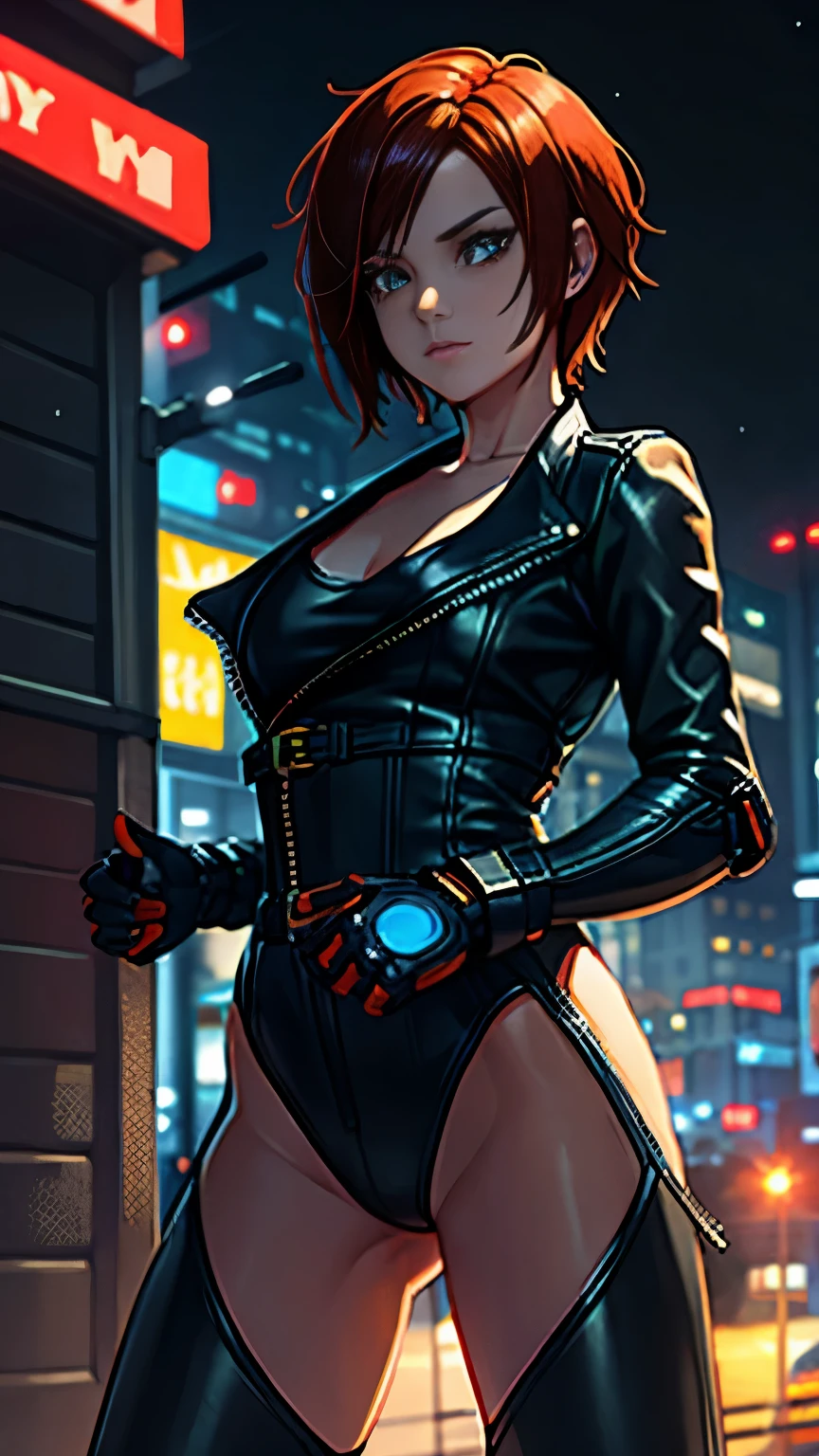 biker girl, motorcycle, Leather one-piece garment, Short hair, yellow glowing eyes, Dark colors, Cyberpunk, Neon lights, Red hair, Sexy, tightsuit, Night, the city street, mitts, rain