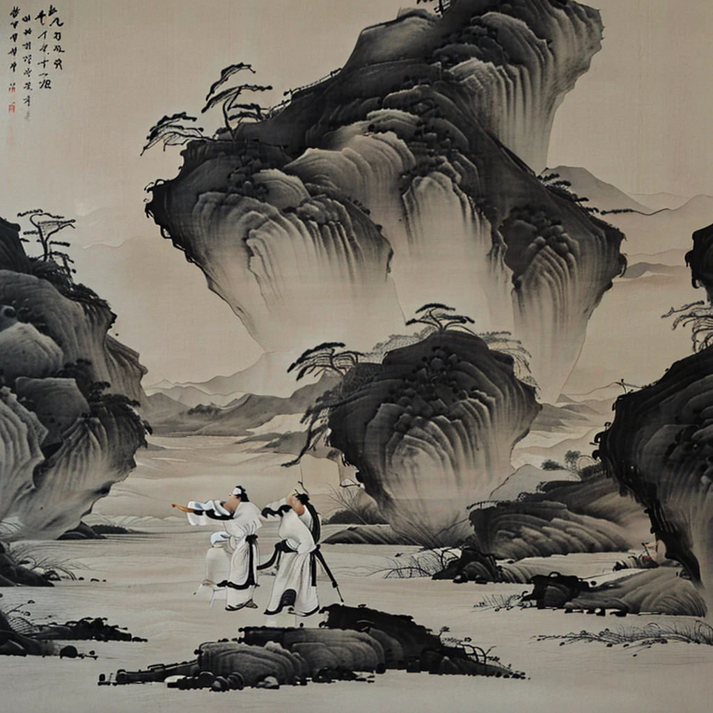 Lots of white space，The background is a gaseous black and white Tai Chi diagram，Minimalism，Black and white style，Ink Painting，，landscape painting