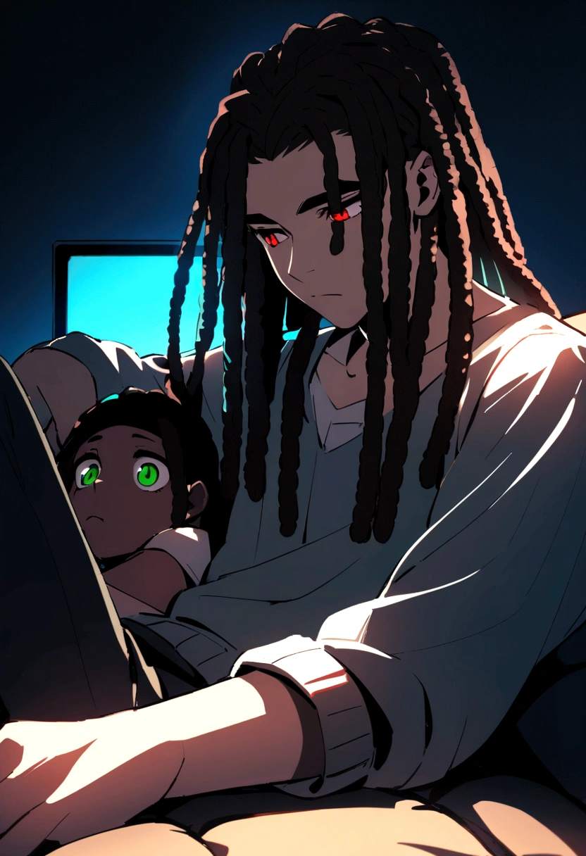 Boy with hair in dreadlocks, with red eyes, sitting on a couch watching tv with a boy with long brown hair, with green eyes, lying on the legs of the dreadlocked boy 