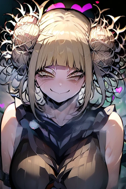 (Himiko toga:1.5),(boku no hero academia:1.2),(short blonde hair with two messy pulps in the hair),(yellow eyes with cat pupils),(wearing),+,(a sexy bunny outfit that consisted of a larger black strapless one heart decots and showing feathers and super sexy and tight arms)