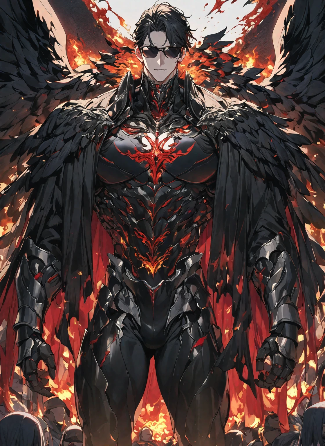 Best quality, One, beautiful, 1 man, tall man, with a sports body, V-shaped body, wide shoulders, black detailed armor with glowing white details, 10 black angel wings, light white eyes, long Black hair covered with Fire Coals, on the background Black Fire with shades of red, bloody threads