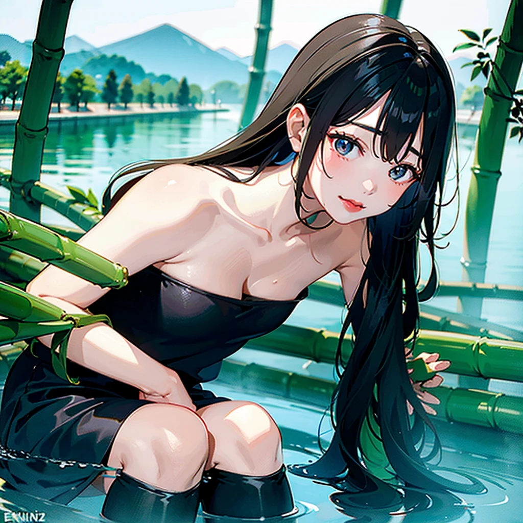 negative space, shuimobysim, Kizi, Woman,bared shoulders, (ecchi0.5), lips, water splash, (trees:0.5), (flowers:0.6) ,(birds:0.2), (bamboo0.1), lakes, Hangzhou, bonian, bonian in background   