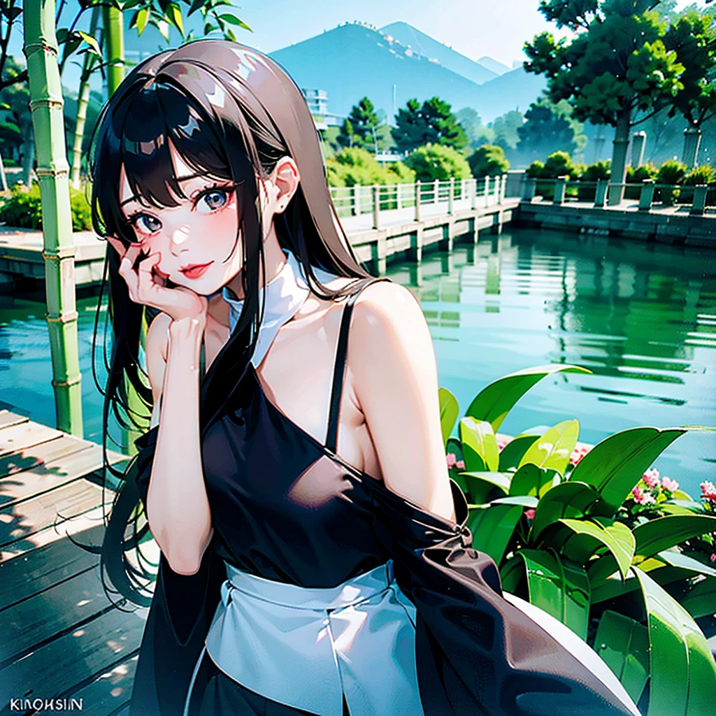 negative space, shuimobysim, Kizi, Woman,bared shoulders, (ecchi0.5), lips, water splash, (trees:0.5), (flowers:0.6) ,(birds:0.2), (bamboo0.1), lakes, Hangzhou, bonian, bonian in background   