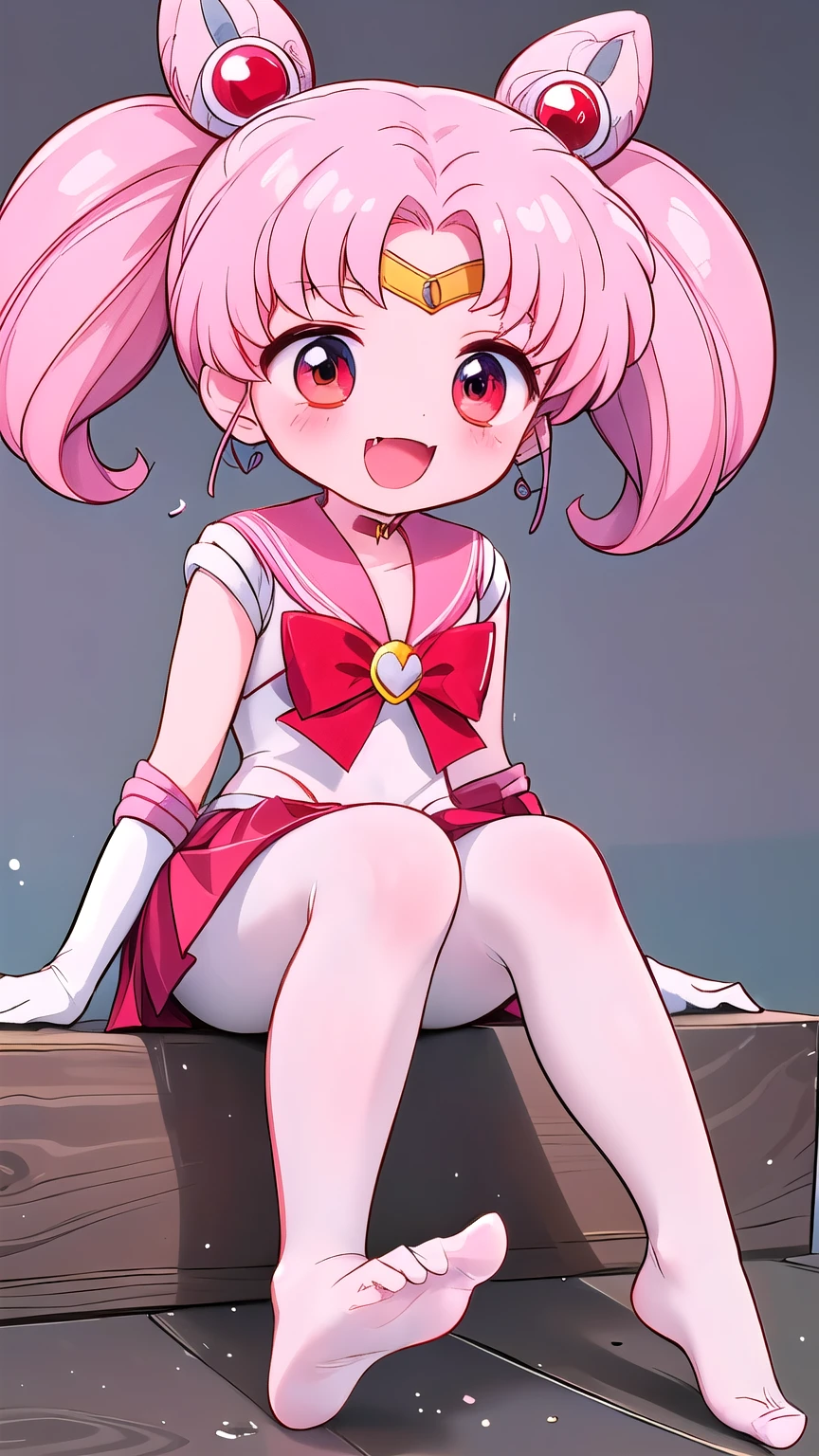 high quality，Sailor Moon，young年，，cute，Metal hairpins，（little girl），（LLoli），Pink Hait hair，（Red hairpin），（Double tail），Sailor Suit，Red bow，White elbow gloves，Red Skirt，(White pantyhose:1.5)，(young)，(Small)，（Short legs）（No shoes），Smile，Open your mouth，Fangs，sit，（Soles of the feet:2.0），（Raise your legs high），（Thick white tights:1.5）（Close-up of the soles of the feet:1.5）