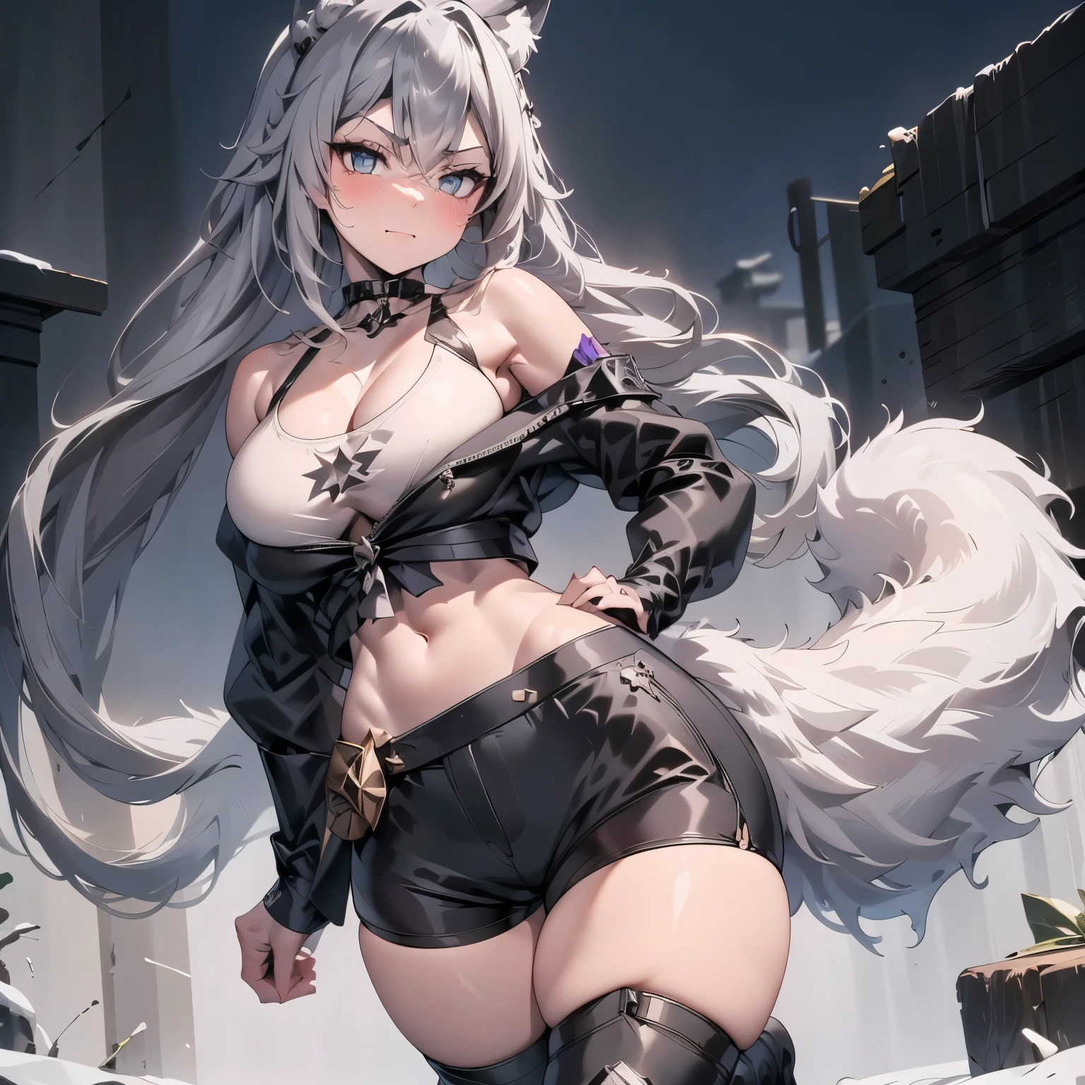 Masterpiece, full body portrait, slit pupils, only one girl, frontal angle, looking at viewer, ultra-detailed face, really talll girl, elegant and correct body proportions, perfect figure, fit body type, silver hair, symetric face, tall beautiful werewolf woman, black crop jacket, long biker shorts with chain decorations, white pale skin, smooth skin, especially detailed face, masterpiece, ultra detailed, best quality, highlydetailed face, ultra-detailed face, athletic body, pale white skin, big breasts, long hair, gray-silver hair, a young woman, wolf ears, long wolf tail, fluffy wolf tail, bright amber eyes, wolf-like irises, beautiful, enchanting, bright yellow eyes, detailed eyes, ultra-detailed eyes, accurate eyes, detailed irises, correct body proportions, elegant, small vertical scar under right eye, small rosy lips, closed mouth, cute canines, wolf fangs, pretty hands, detailed hands, slight blush, shy smile, black metal armor, black top, long black bike shorts, detached sleeves, two piece armor, metal chest armor, long black shorts with chains, armored bike long shorts, silver armored jacket, silver metallic ornaments, toned abs, exposed belly, standing straight pose, angry blushed expression, long biker boots, hands on hips pose, straight standing pose
