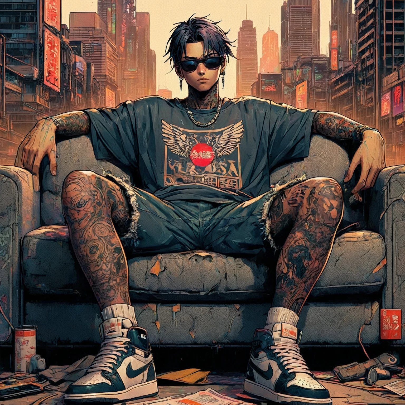 arafed man sitting on a couch with tattoos on his legs, cyberpunk streetwear, cyberpunk anime art, cyberpunk art style, digital cyberpunk anime art, wearing cyberpunk streetwear, digital cyberpunk - anime art, anime cyberpunk art, akira vibes, modern cyberpunk anime, in cyberpunk style, badass anime 8 k, cyberpunk dude, high quality cyberpunk art, cyberpunk art, style of cyberpunk