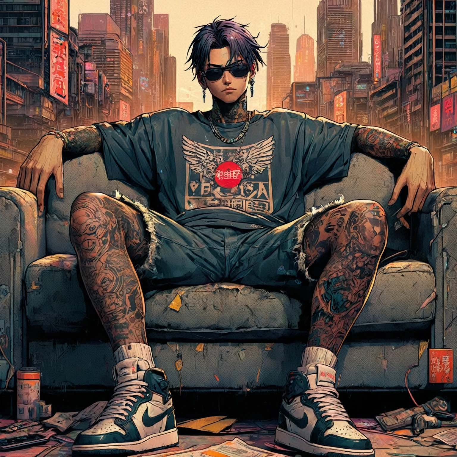 arafed man sitting on a couch with tattoos on his legs, cyberpunk streetwear, cyberpunk anime art, cyberpunk art style, digital cyberpunk anime art, wearing cyberpunk streetwear, digital cyberpunk - anime art, anime cyberpunk art, akira vibes, modern cyberpunk anime, in cyberpunk style, badass anime 8 k, cyberpunk dude, high quality cyberpunk art, cyberpunk art, style of cyberpunk