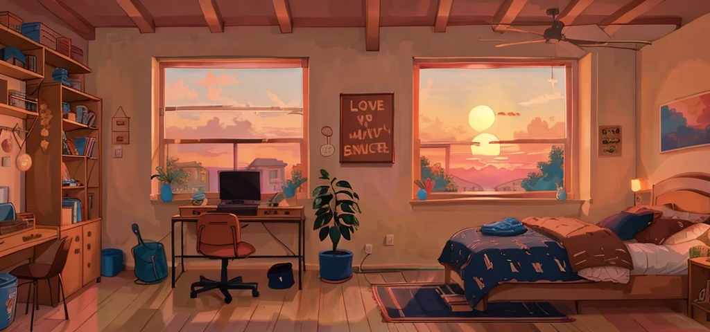 bedroom, sunset, Lofi vibe, snacks & clothes, cartoon