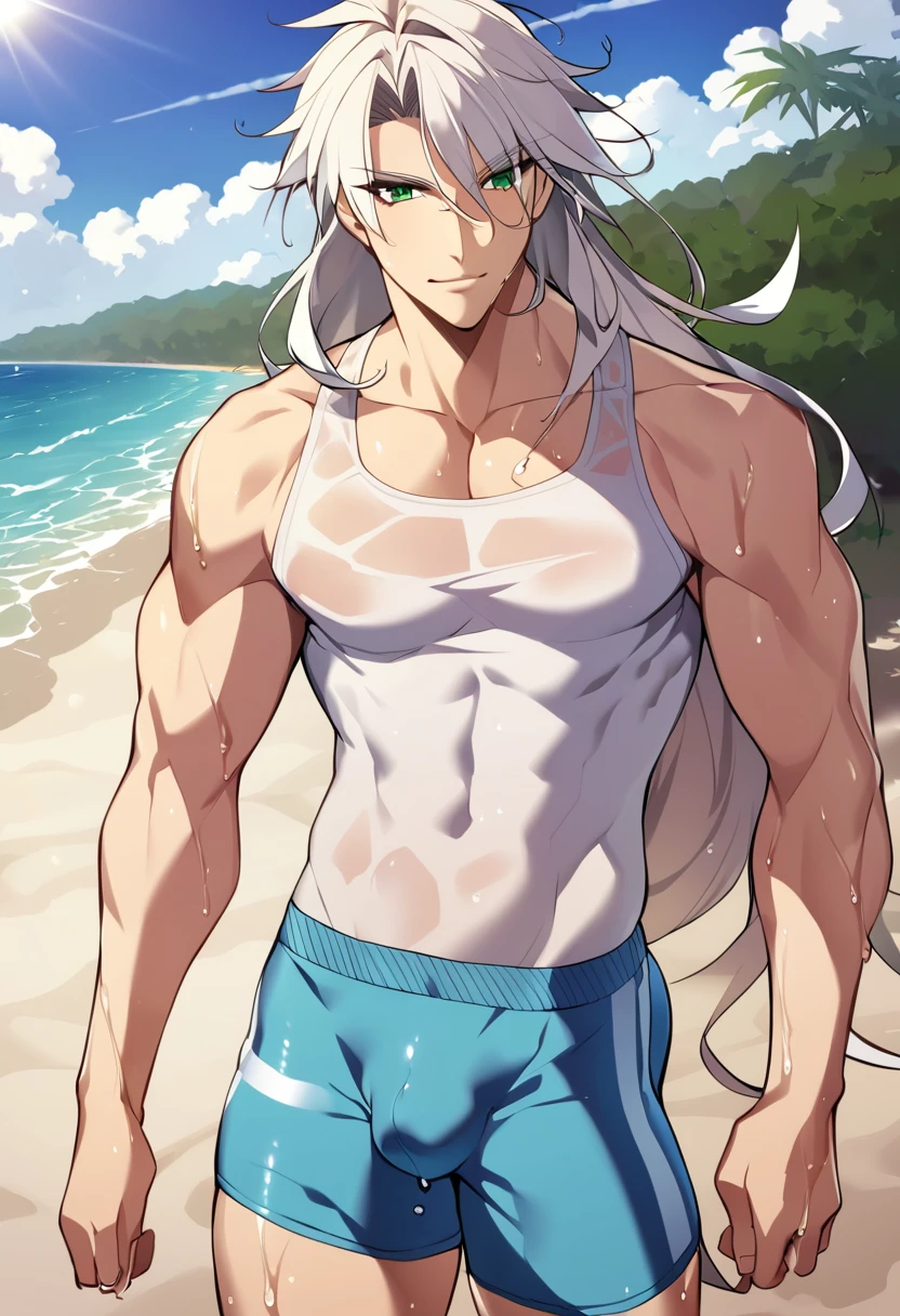 1boy, white long hair, white eyelashes, green eyes,fitness body,hair in the wind, satisfied expression, sexy, at the beach, wearing only Shorts, small bulge on shorts, wet clothes