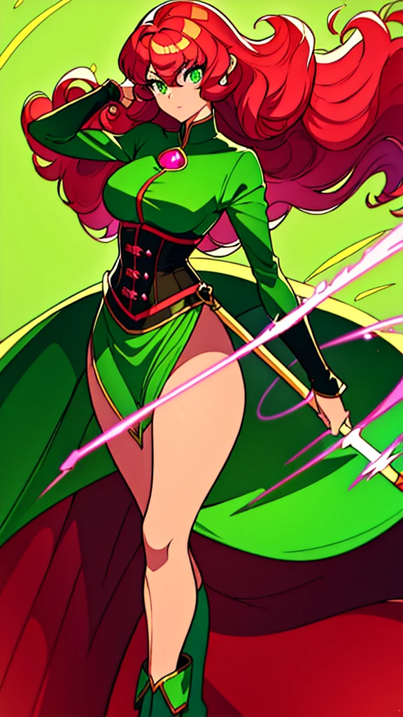masterpiece, best quality, highly detailed, 8k, horror background, anime, 1girl\(20-year-old, queen, grinning, evil, athletic:1.2, muscular:1.2, abs:1.2, long legs:1.4, curly red hair, big breasts, green stockings, green thigh boots with high heels, revealing clothes:1.2, slender waist, tight butts, beautiful face, red eyes, dynamic pose\), full-body image:1.2