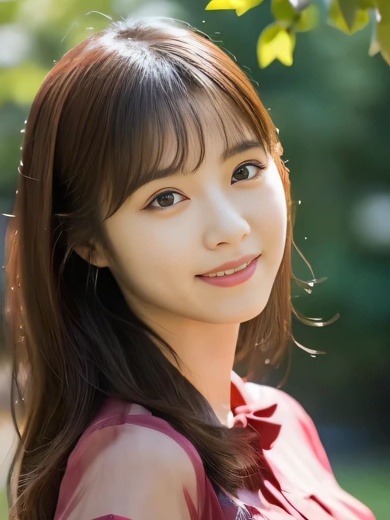 1 Girl, (Wearing a red transparent short-sleeved blouse:1.2), Beautiful Japanese actresses, (RAW Photos, Highest quality), (Realistic, Photorealistic:1.4), masterpiece, Very delicate and beautiful, Very detailed, 2k wallpaper, wonderful, finely, Very detailed CG Unity 8K 壁紙, Very detailedな, High resolution, Soft Light, Beautiful detailed girl, Very detailed目と顔, Beautiful and detailed nose, Beautiful and detailed, Cinema Lighting, BREAK, (1 with a park full of vibrant flowers in the background.3), Spring sunlight, Perfect Anatomy, Slender body, smile, Face the front completely, (Looking at the camera), West Shot, Accentuate larger breasts, Bodies facing random directions,
