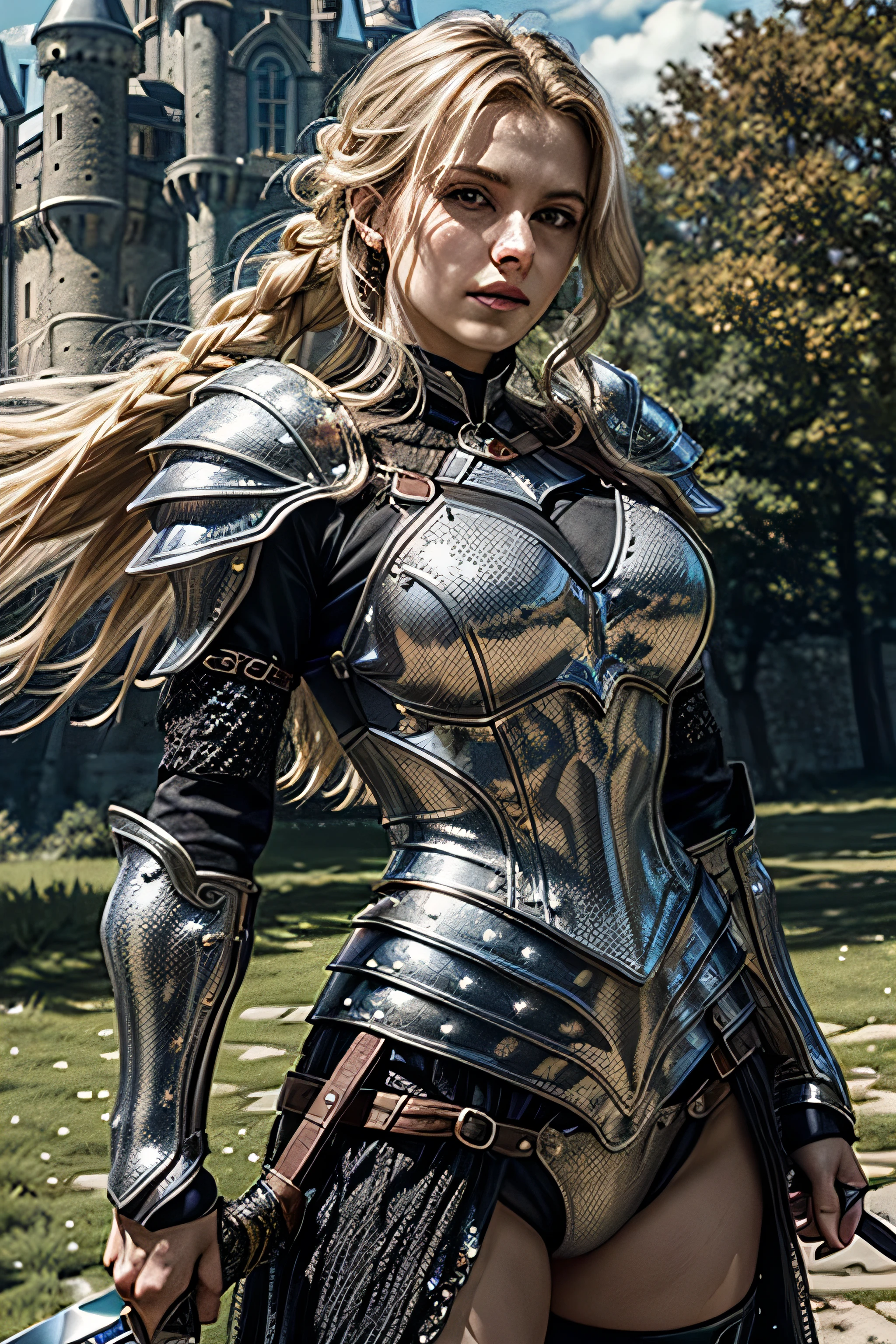 (masterpiece, photorealistic:1.4, extremely intricate:1.3), (photon mapping, radiosity, physically based rendering, ultra resolution, hyper-realistic, photorealistic:1.4, hyper-realistic, 8K), muscular girl, ((black perfectchainmail armor:1.4, (long eyelashes, torso photograph, sword raised, [large breasts:huge breasts:0.5]), smirking, serious)), metal reflections, outdoors, medieval battlefield, intense sunlight, far away castle, moat, (blonde hair straight thin braid, dynamic pose), sharp focus, dramatic, award winning, cinematic lighting, (film grain, bokeh, interaction)
