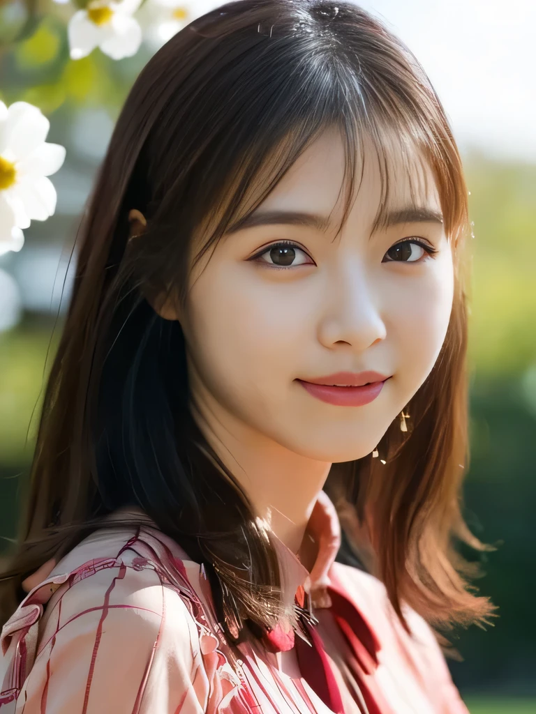 1 Girl, (Wearing a red transparent short-sleeved blouse:1.2), Beautiful Japanese actresses, (RAW Photos, Highest quality), (Realistic, Photorealistic:1.4), masterpiece, Very delicate and beautiful, Very detailed, 2k wallpaper, wonderful, finely, Very detailed CG Unity 8K 壁紙, Very detailedな, High resolution, Soft Light, Beautiful detailed girl, Very detailed目と顔, Beautiful and detailed nose, Beautiful and detailed, Cinema Lighting, BREAK, (1 with a park full of vibrant flowers in the background.3), Spring sunlight, Perfect Anatomy, Slender body, smile, Face the front completely, (Looking at the camera), West Shot, Accentuate larger breasts, Bodies facing random directions,