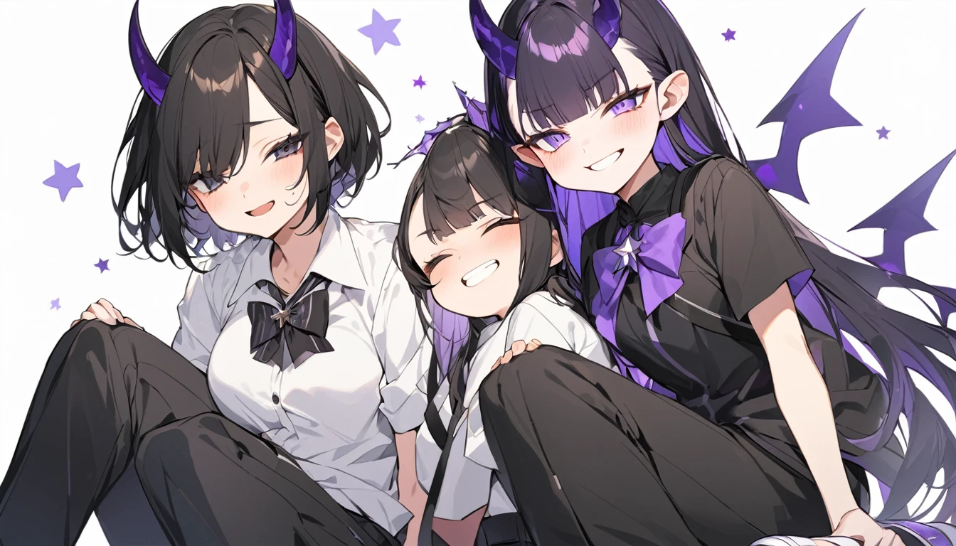 girl with long black hair with straight bangs, with hair cut at the ends. Two large strands in the front, one bigger than the other. A rebel thread. A small white streak in your bangs. Two demon horns, one purple and one black, both with a dark purple star. one black eye and one purple eye. A purple star on your right cheek. black wide pants. All star shoe. Full white shirt with a bow tie with a star in the middle, with short sleeves.  a big chest . Grinning. She is a star demon. In one of his eyes a star in the black eye case, in the black eye and just black. Sex girl. Sex girl. One black eye and one purple eye. She is sitting with a sleepy expression. She is almost asleep sitting up. She has a sleepy expression 
