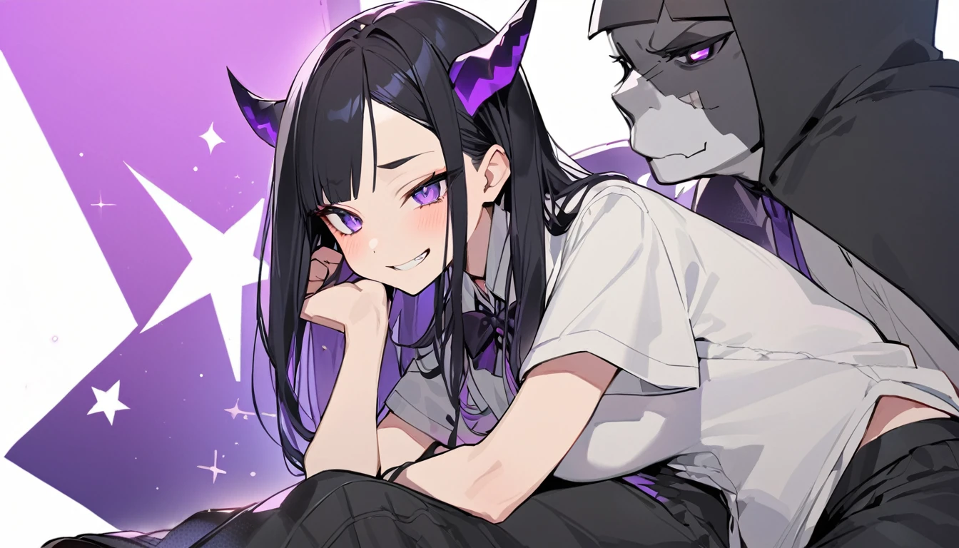 A girl with long black hair with straight bangs, with hair cut at the ends. Two large strands in the front, one bigger than the other. A rebel thread. A small white streak in your bangs. Two demon horns, one purple and one black, both with a dark purple star. one black eye and one purple eye. A purple star on your right cheek. black wide pants. All star shoe. Full white shirt with a bow tie with a star in the middle, with short sleeves. a big chest . Grinning. She is a star demon. She is standing looking at the camera. In one of his eyes a star in the black eye case, in the black eye and just black. Sex girl. Sex girl. One black eye and one purple eye. She is lying down waiting for something.