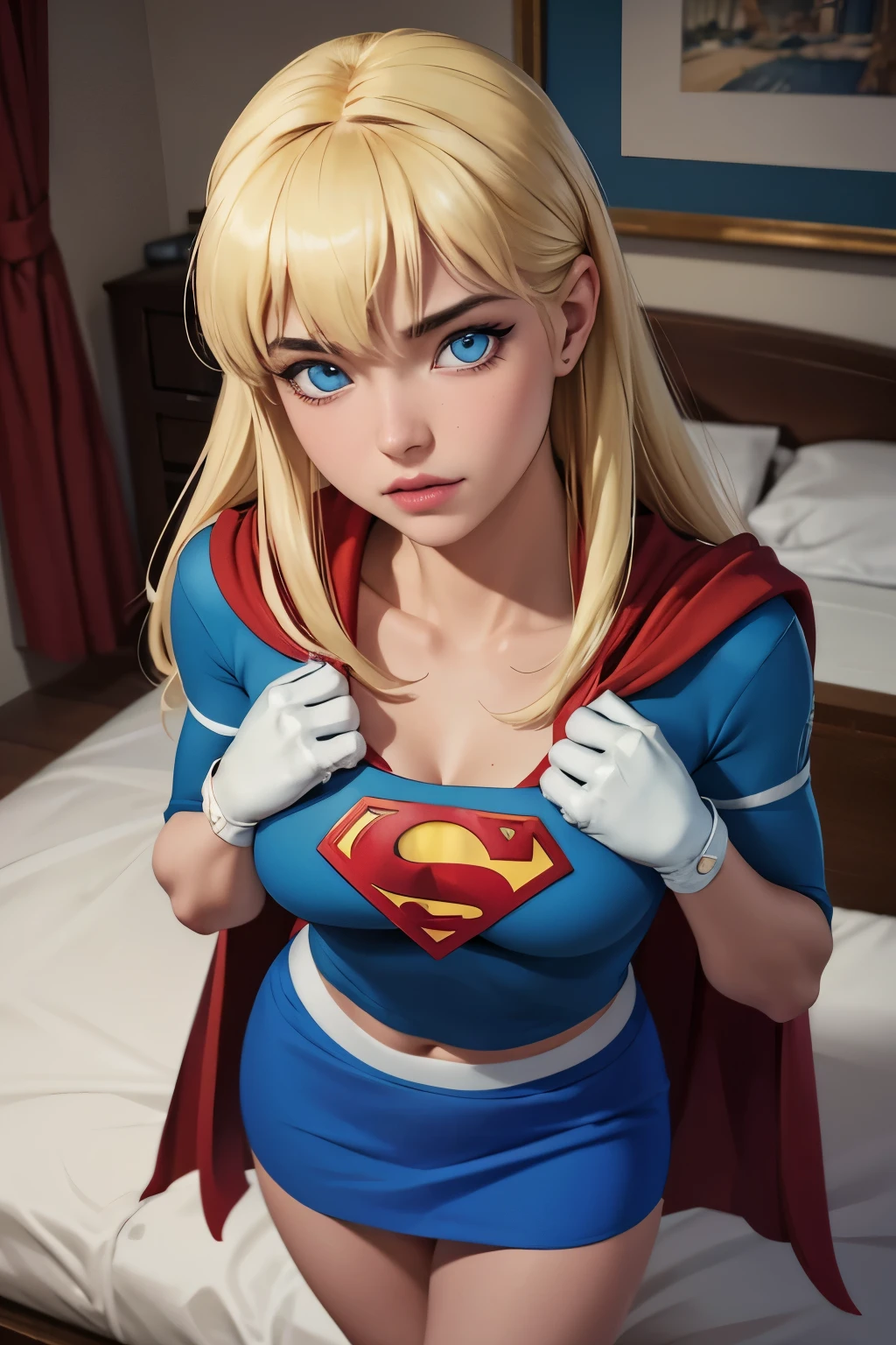 work of art, cru, linda arte, professional artist, 8K, very highly detailed face, very detailed hair, 1 girl, Supergirl (hair blonde, long hair, hair elastic, blue colored eyes, mitts, red cloak, short and tight blue skirt, white  shirt), lying on her bed in the Watchtower, Panas, lust, excitado, blushful, your hands exploring your body, thinking about girlfriend, missing your lover, Camera from above, no label, No brand, perfectly dCRUn body, beautiful  face, very detailedeyes, rosy cheeks, details Intricate in eyes, pursed lips, perfect shape body, Body cute, extremely detaild, details Intricate, highy detailed, Spitz focus, skin detailed, realistic skin texture, texture, detailedeyes, high resolution, kodak vision color, photoshot_\(ultra\), Post-processing, maximum detail, roughness, real-life, ultra realistic, pPanasorealism, pPanasography, absurderes, RAW pPanaso, highest quallity, high detail RAW color pPanaso, professional pPanaso, extremely detaild UHD 8K wallpaper unit, best qualityer, high resolution, (work of art, maximum quality, high resolution:1.4), pPanaso, cinematic, Film grain, Spitz, soft natural light, magic pPanasography, super verbose