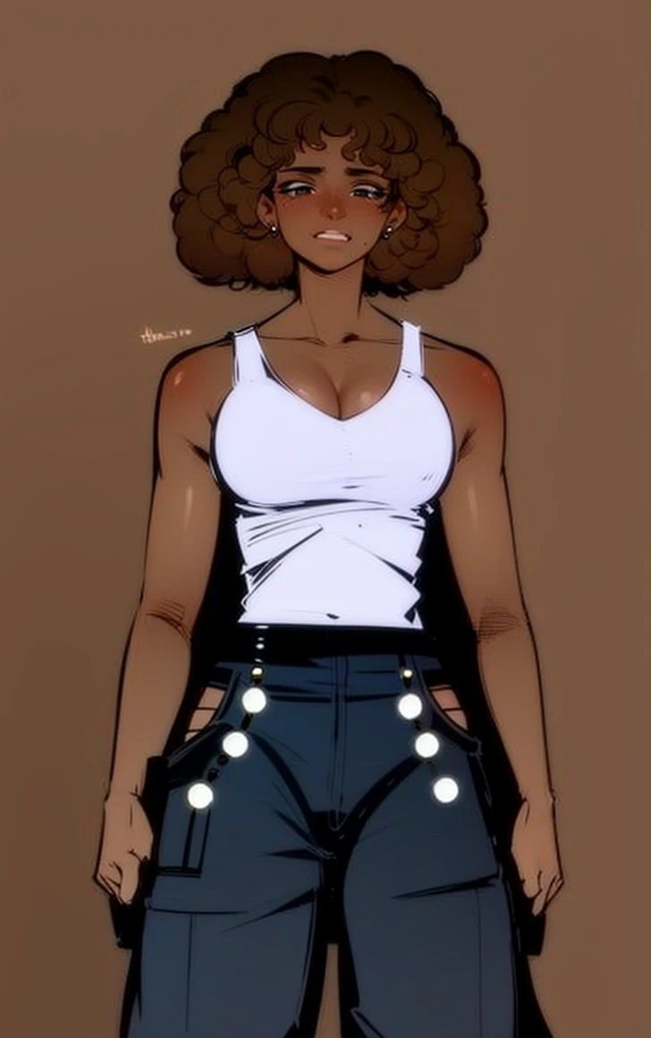 1girl, 16 year old, brown skinned, sad face, looking down, white tank top, blue jeans with cut out sides, brunette curly Afro, skilled