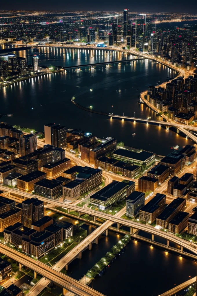 Generates an aerial image of a city at night with a lot of vegetation, bridges and overpasses, with few buildings scattered throughout the city, night lighting, and a lake in the middle of the city. Make sure there are no inconsistencies such as paths over buildings."