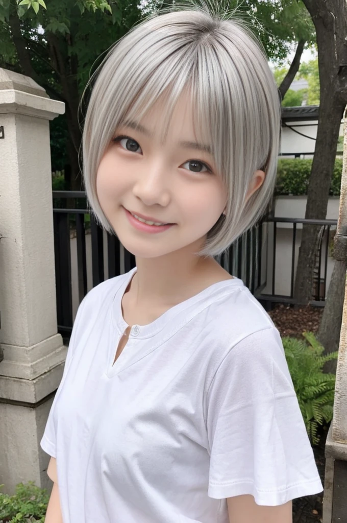 A 16 yearsold Japanese girl, incredibly cute, neat and clean, happy smile, detailed charming eyes, detailed face,(laced onepiace, ultra slender, incredibly white and beautiful skin, short silver hair, masterpiece)