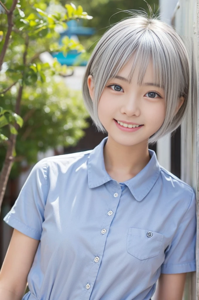 A old Japanese girl, incredibly cute, neat and clean, happy smile, detailed charming eyes, detailed face,laced onepiace, ultra slender, incredibly white and beautiful skin, short silver hair, masterpiece