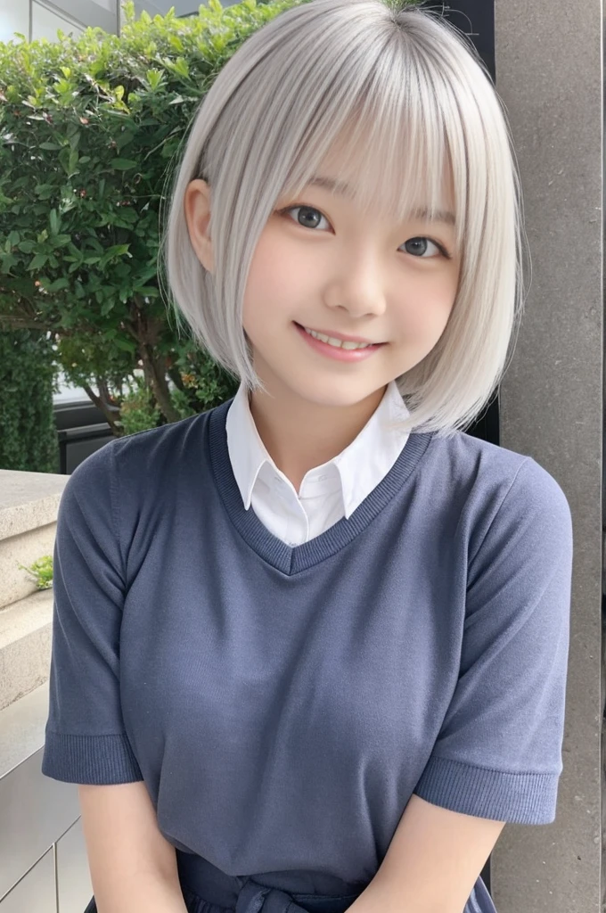 A 16 yearsold Japanese girl, incredibly cute, neat and clean, happy smile, detailed charming eyes, detailed face,laced onepiace, ultra slender, incredibly white and beautiful skin, short silver hair, masterpiece