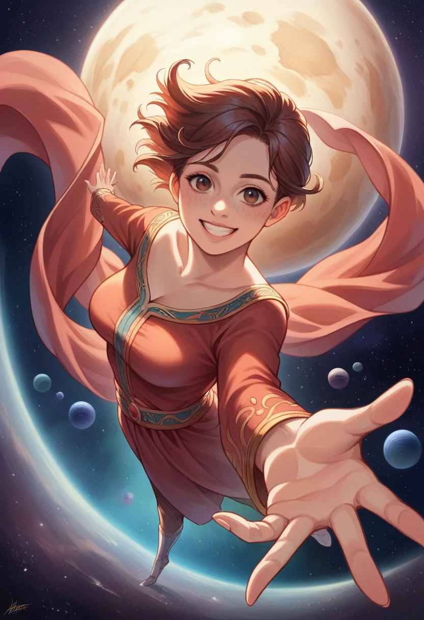 Illustration, detailed illustration, dynamic angle, ultra detailed, best quality, 1girl, 30 year old woman, beautiful, short brown hair, big brown eyes, light freckles, dancing, in space, empty space, starfield in background, smile, reaching to viewer, looking at viewer